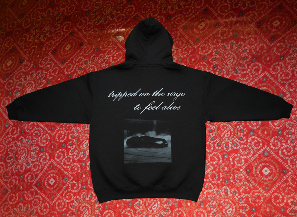 Black hoodie back view with full print on red background