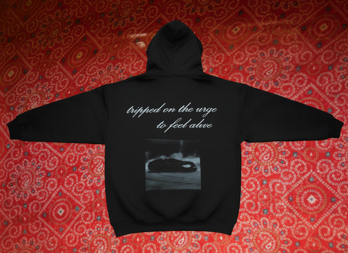 Black hoodie back view with full print on red background