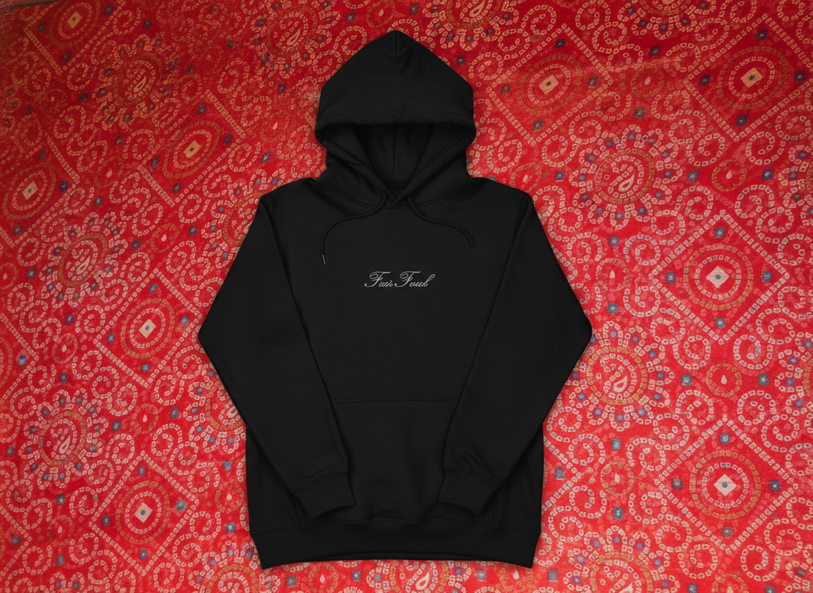 Black hoodie front view on red background
