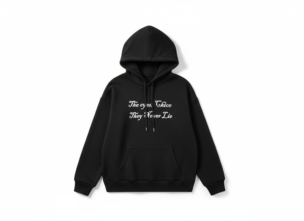Black hoodie with handwritten text on white background