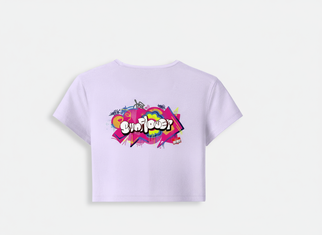 Lavender baby tee back with graffiti design