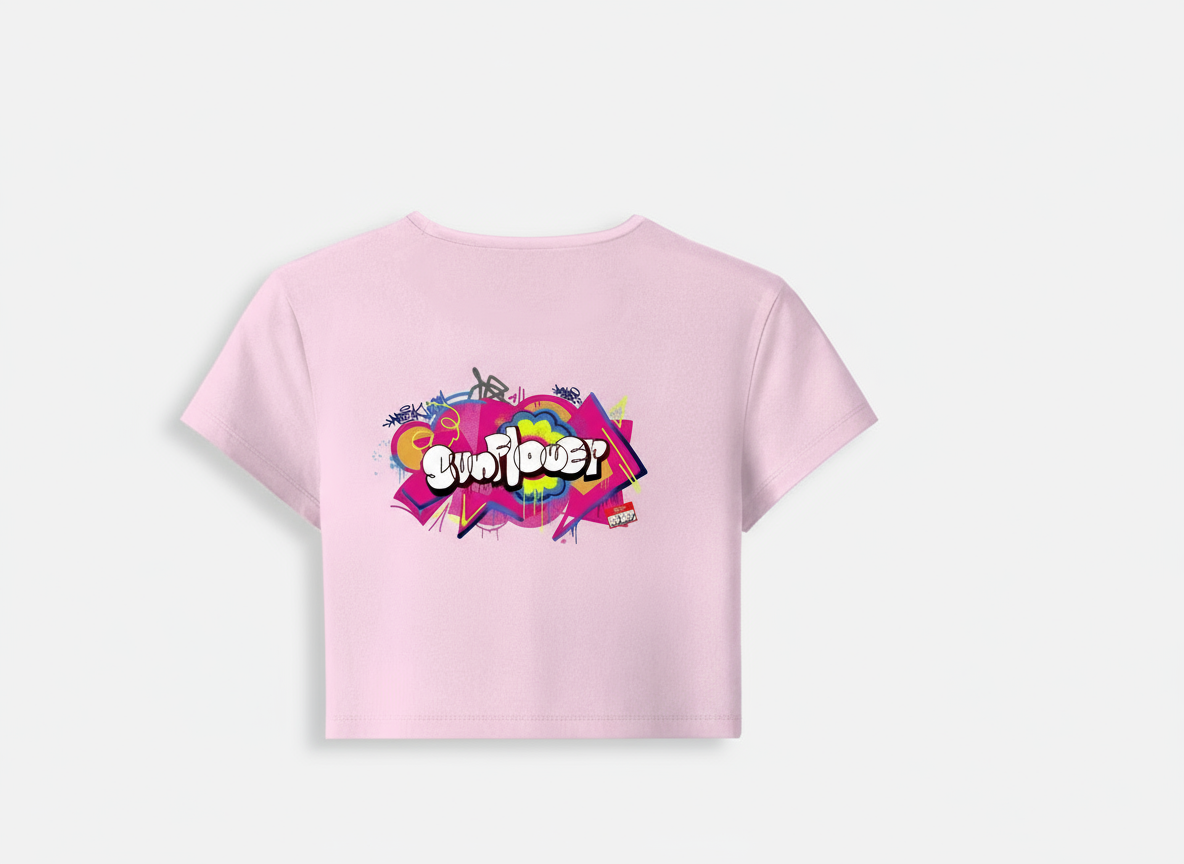 Pink baby tee back with matching graffiti placement