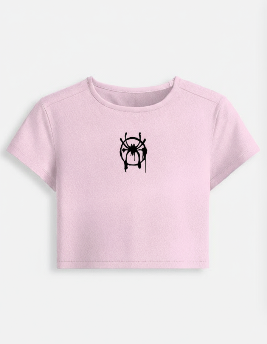 Pink baby tee with matching spider placement