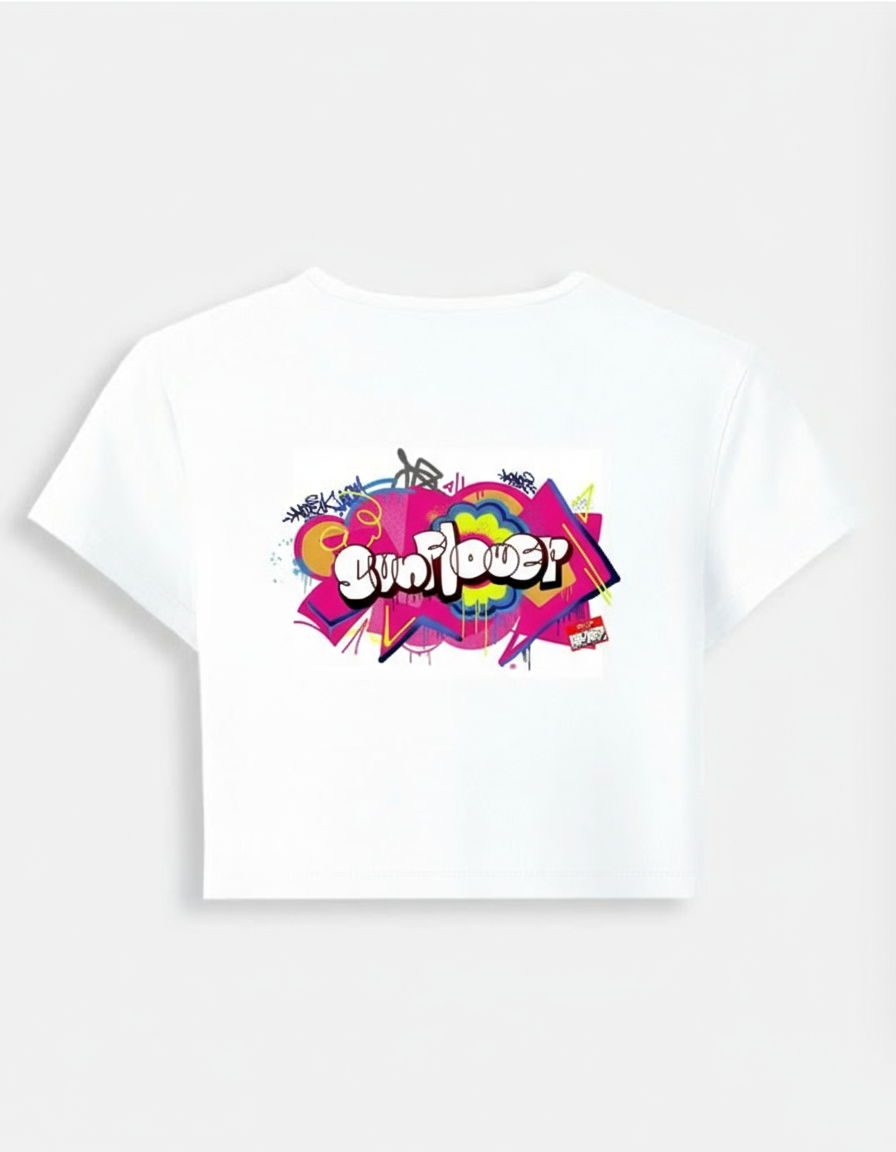 White baby tee front with graffiti design