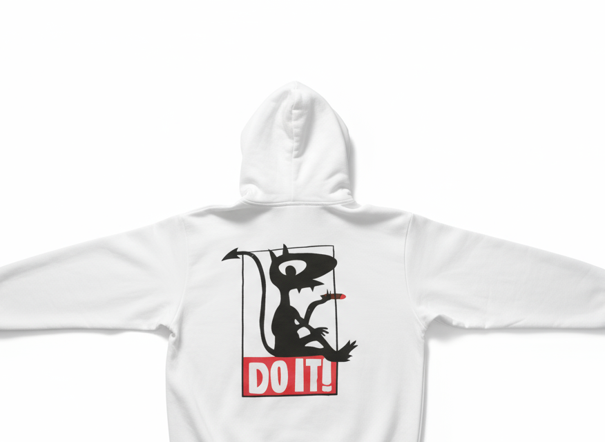 White hoodie back view with devil DOOM design