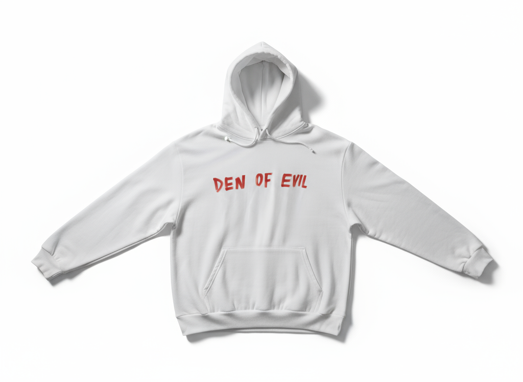White hoodie front view with DEN OF EVIL in one line