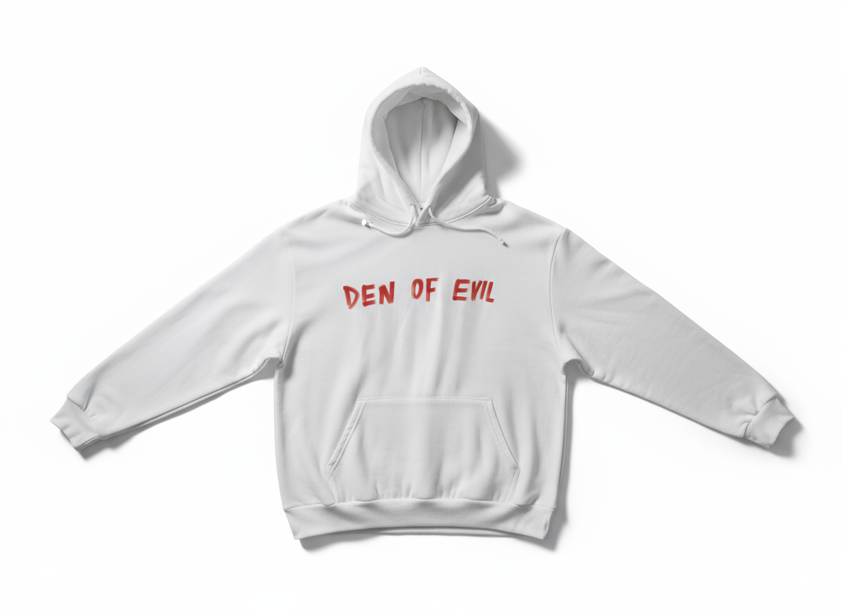 White hoodie front view with DEN OF EVIL in one line
